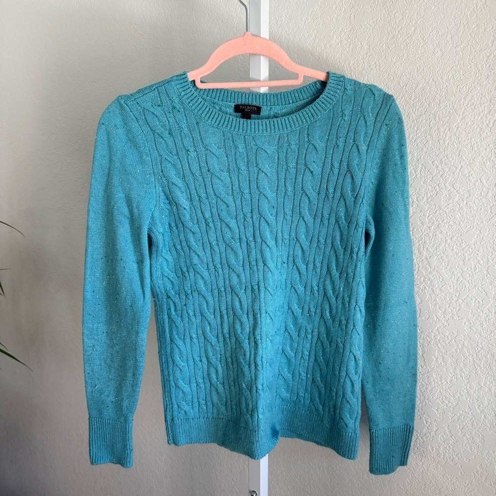 Talbots Sweater Cable Knit Teal Button Cuff Cotton Blend Crewneck Size SP Casual